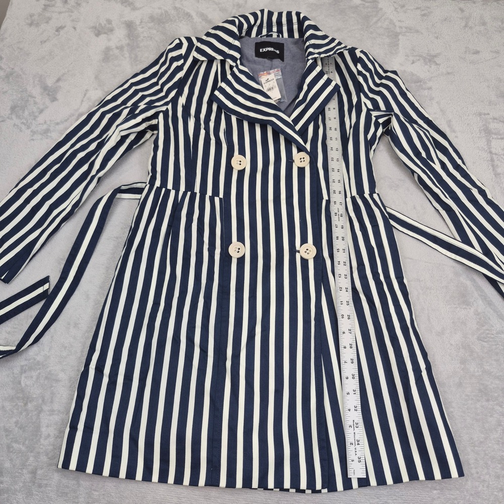 Express Womens Navy Blue White Striped Double Breasted Trench Coat Belted Large - Picture 4 of 11